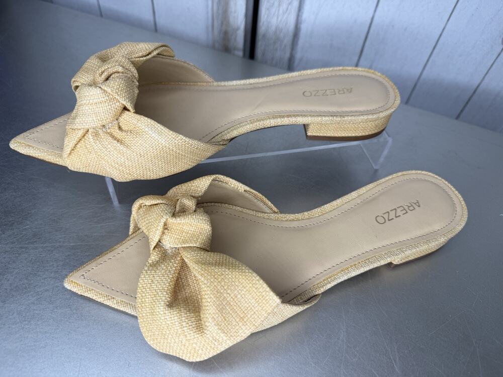 Arezzo Tan Bow Raffia Slide Sandals Flats Boho Beach Classic Size 6.5